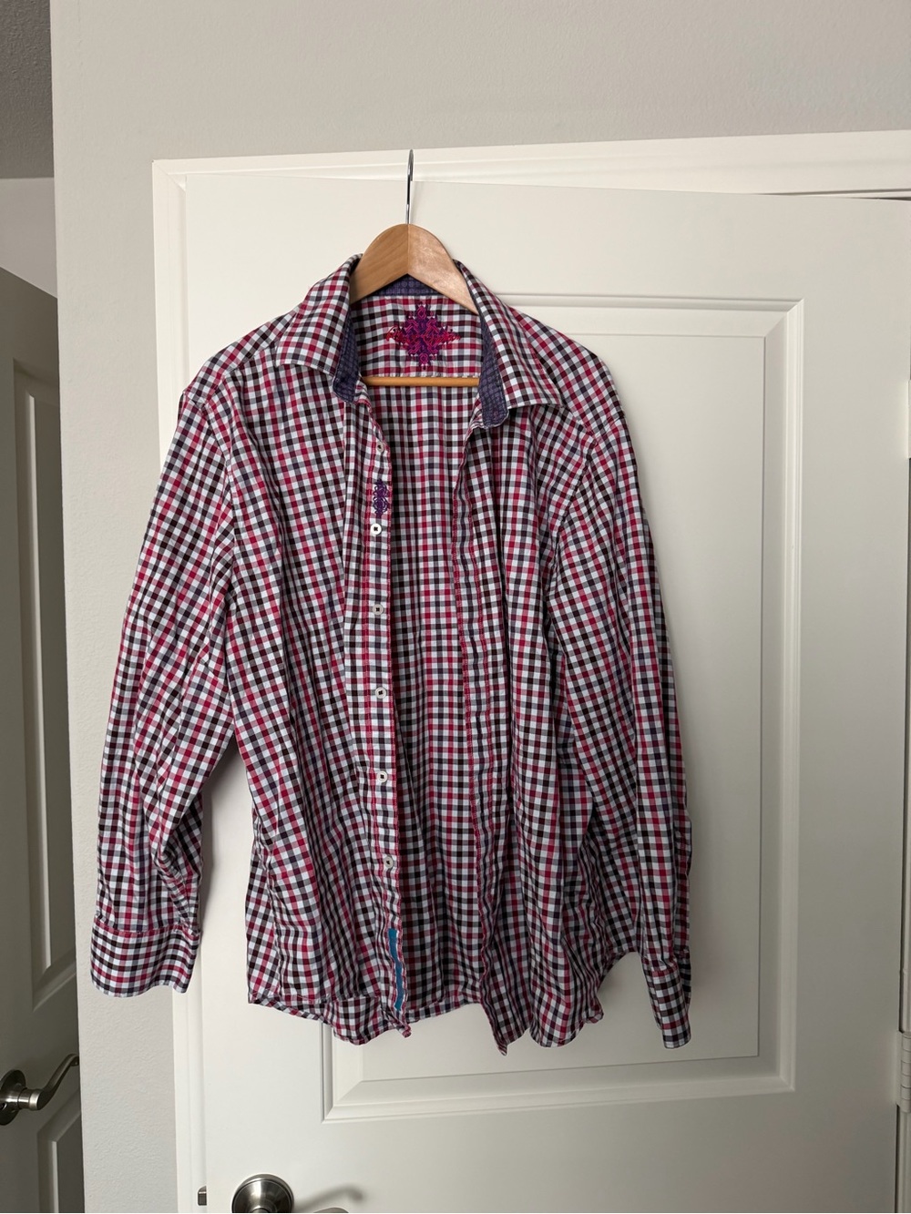 Robert Graham Red White and Blue Gingham Shirt with Contrast Trim